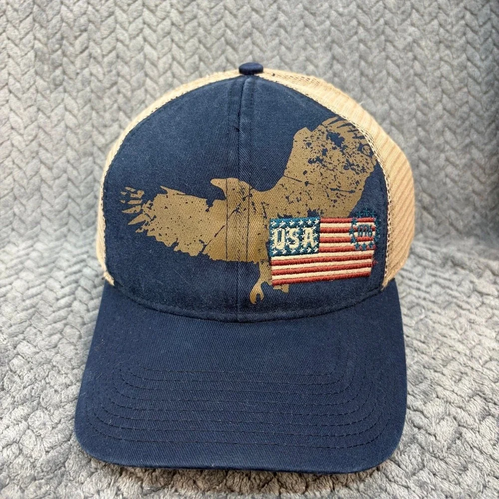 Signatures USA Flag Eagle Trucker Hat Navy Blue Tan Mesh Snapback Cap